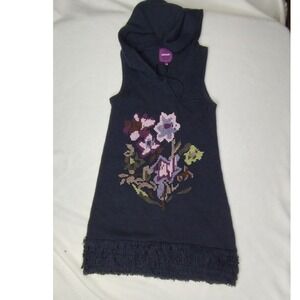 Lulumari Hooded Sweater Dress Crochet Fringe Sleeveless Knit Floral‎ S/M